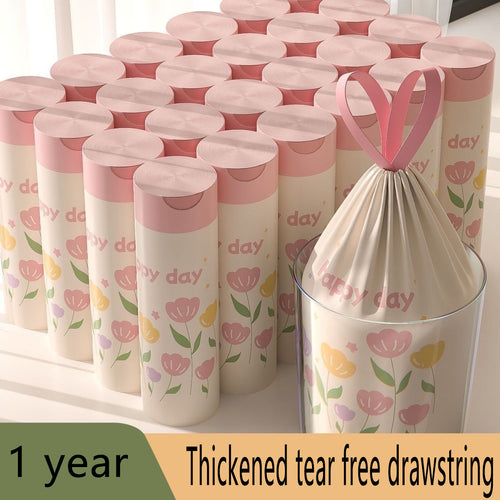 100 Packs of Lavender-Scented Thickened Large-Size Drawstring Trash Bags - High-Density Polyethylene (HDPE), Multi-Purpose Disposable Storage Bags, Suitable for Kitchen, Bathroom, Bedroom, Living Room, Toilet - Pink-Yellow Floral Pattern with \