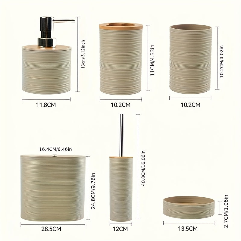 Personal Care Product Dispensers-Horizontal Ripple Bathroom Wash Six Piece Bathroom Bath Combo Set, Fashionable And Minimalist Bathroom Cleaning And Storage Set, Includes 6 Items Such As A Trash Can, Toilet Brush, And Soap Dispenser