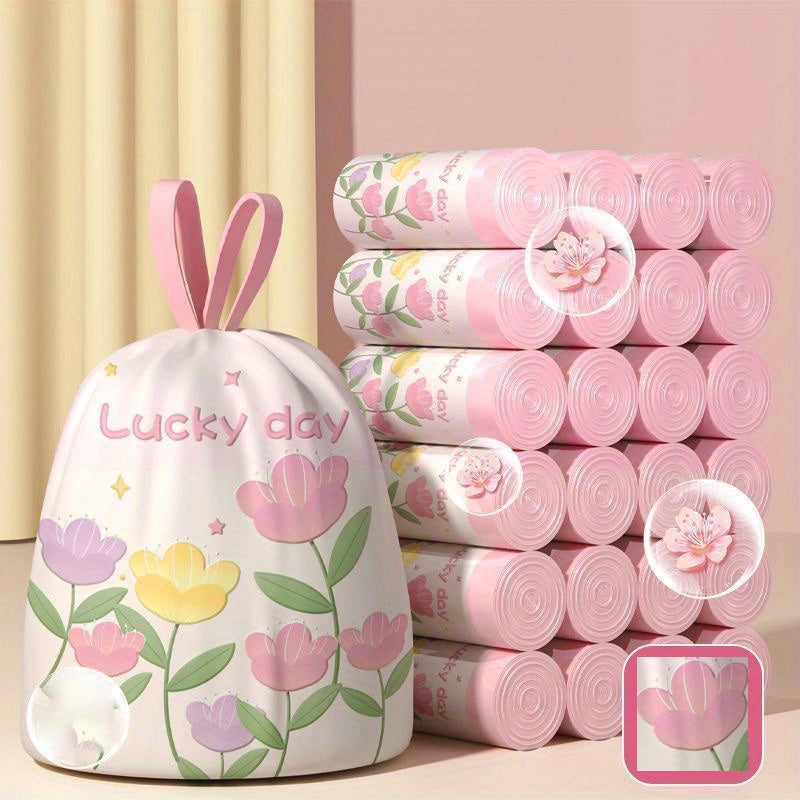 100 Packs of Lavender-Scented Thickened Large-Size Drawstring Trash Bags - High-Density Polyethylene (HDPE), Multi-Purpose Disposable Storage Bags, Suitable for Kitchen, Bathroom, Bedroom, Living Room, Toilet - Pink-Yellow Floral Pattern with \