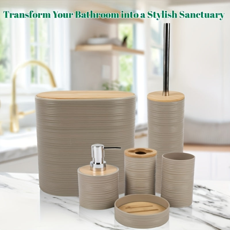 Personal Care Product Dispensers-Horizontal Ripple Bathroom Wash Six Piece Bathroom Bath Combo Set, Fashionable And Minimalist Bathroom Cleaning And Storage Set, Includes 6 Items Such As A Trash Can, Toilet Brush, And Soap Dispenser