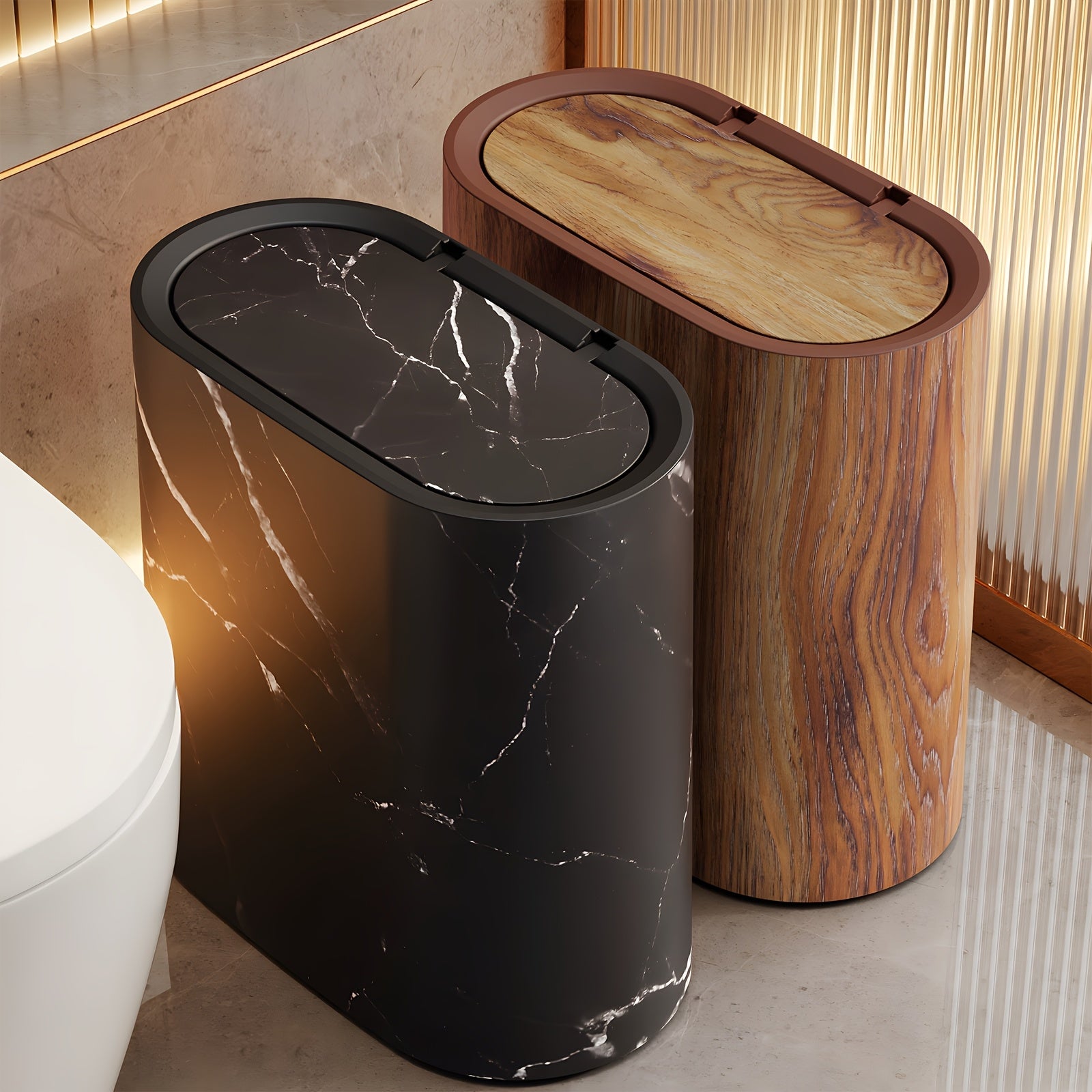 2\u002F1pc Rustproof Trash Can 2\u002F1pc Space-Saving Rustproof Trash Can with Marble & Wood Grain Pattern | Plastic Wastebasket with Built-in Handles, Easy to Clean | Ideal for Bathroom, Laundry, Home Office