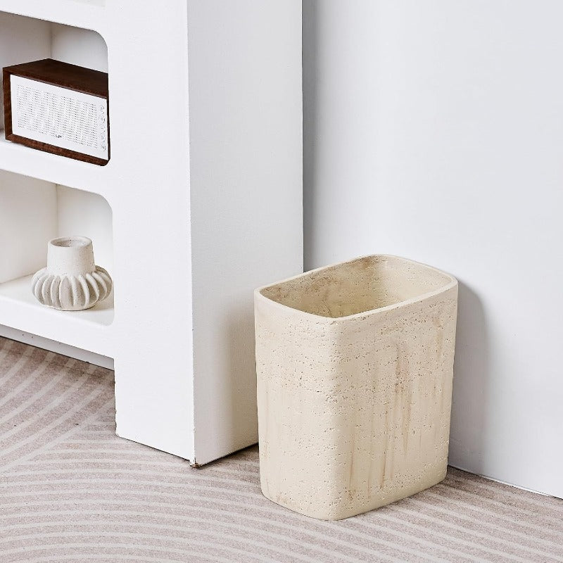 Natural Travertine Look Small Trash Can - Hand-Poured Resin Pull-Out Lid Compact Bathroom & Kitchen Garbage Bin, Modern Wastebasket Suitable for Home Office, Bedside, Under-Sink - Decorative Disposal Unit
