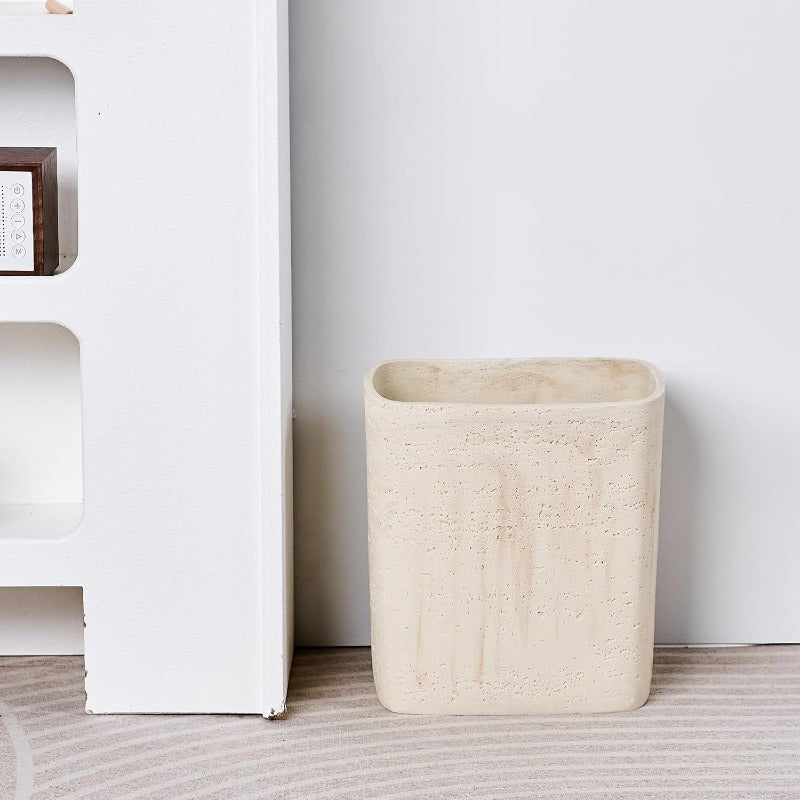 Natural Travertine Look Small Trash Can - Hand-Poured Resin Pull-Out Lid Compact Bathroom & Kitchen Garbage Bin, Modern Wastebasket Suitable for Home Office, Bedside, Under-Sink - Decorative Disposal Unit