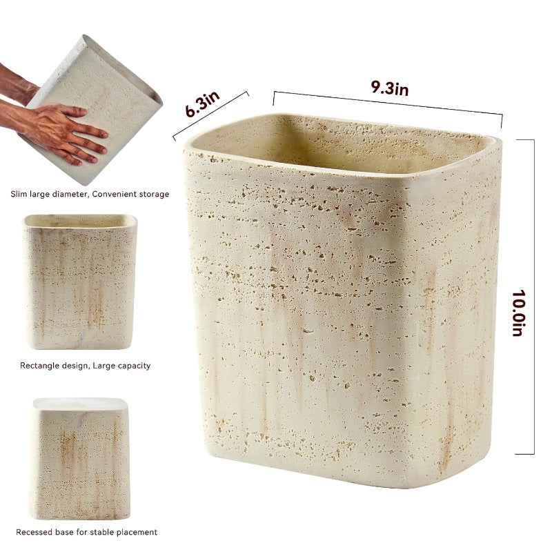 Natural Travertine Look Small Trash Can - Hand-Poured Resin Pull-Out Lid Compact Bathroom & Kitchen Garbage Bin, Modern Wastebasket Suitable for Home Office, Bedside, Under-Sink - Decorative Disposal Unit