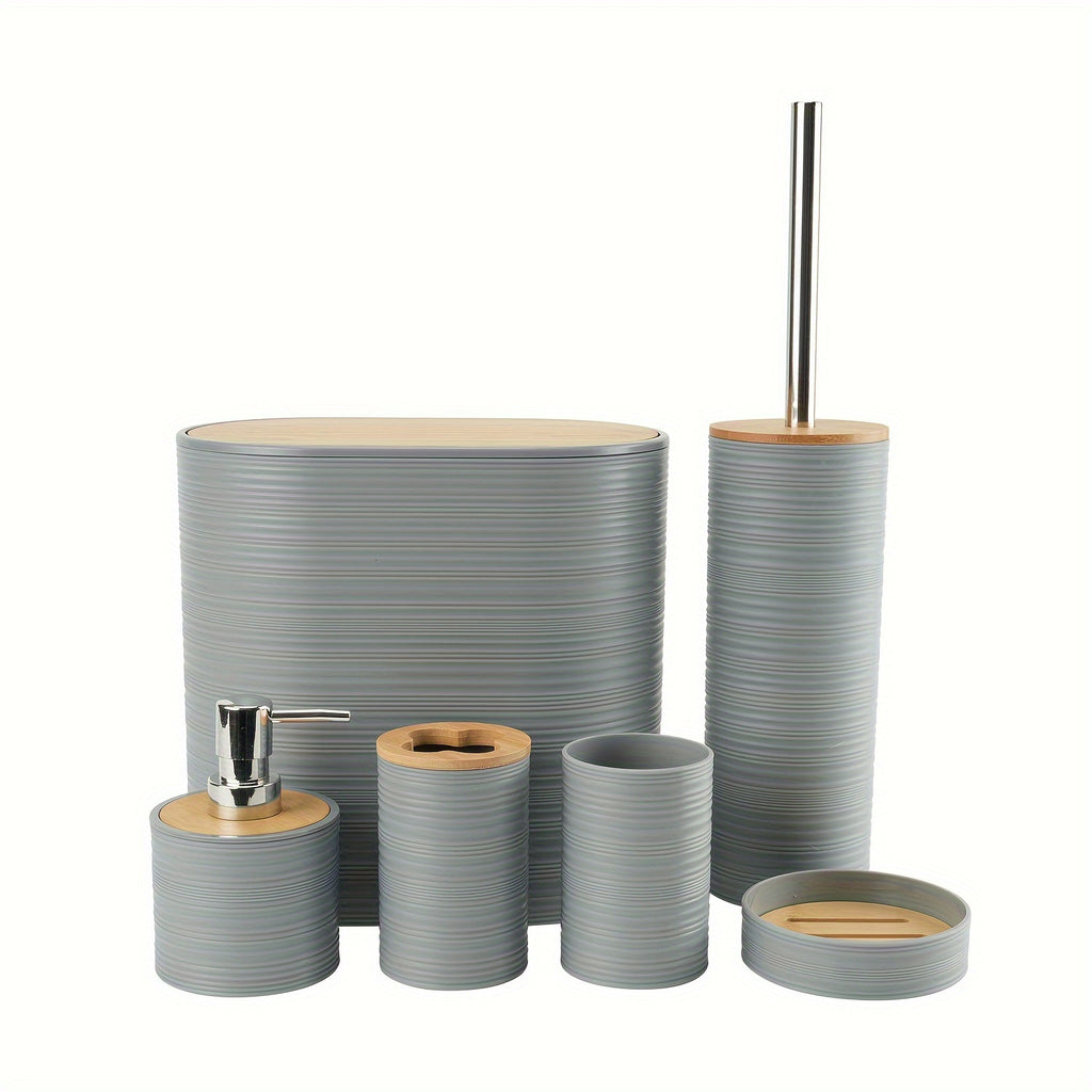 Personal Care Product Dispensers-Horizontal Ripple Bathroom Wash Six Piece Bathroom Bath Combo Set, Fashionable And Minimalist Bathroom Cleaning And Storage Set, Includes 6 Items Such As A Trash Can, Toilet Brush, And Soap Dispenser