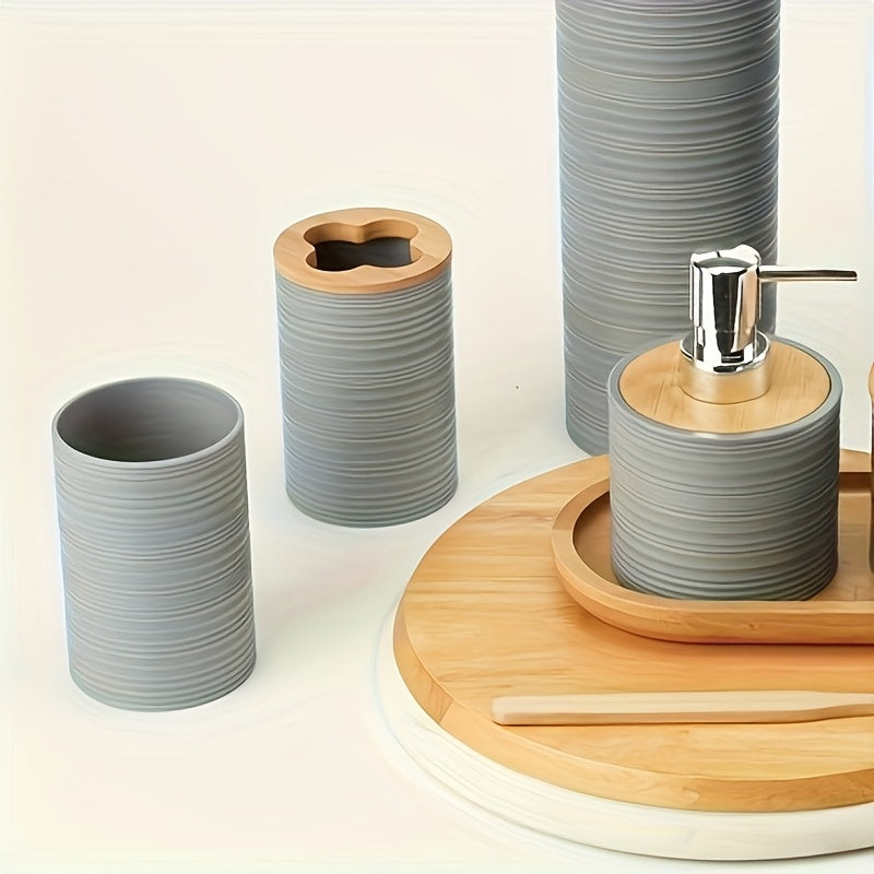 Personal Care Product Dispensers-Horizontal Ripple Bathroom Wash Six Piece Bathroom Bath Combo Set, Fashionable And Minimalist Bathroom Cleaning And Storage Set, Includes 6 Items Such As A Trash Can, Toilet Brush, And Soap Dispenser