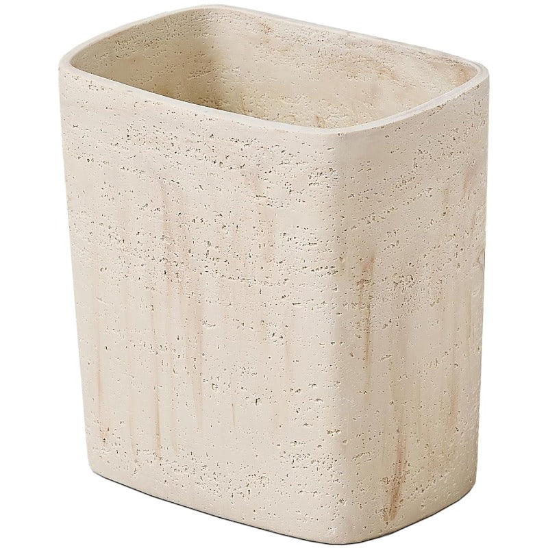 Natural Travertine Look Small Trash Can - Hand-Poured Resin Pull-Out Lid Compact Bathroom & Kitchen Garbage Bin, Modern Wastebasket Suitable for Home Office, Bedside, Under-Sink - Decorative Disposal Unit