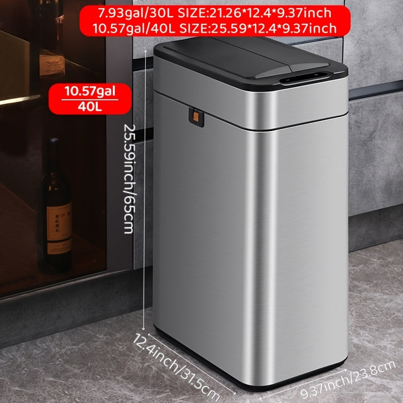 Stainless Steel Intelligent Induction Garbage Can - 9L\u002F30L\u002F40L Household Kitchen Covered Bidirectional Open Lid