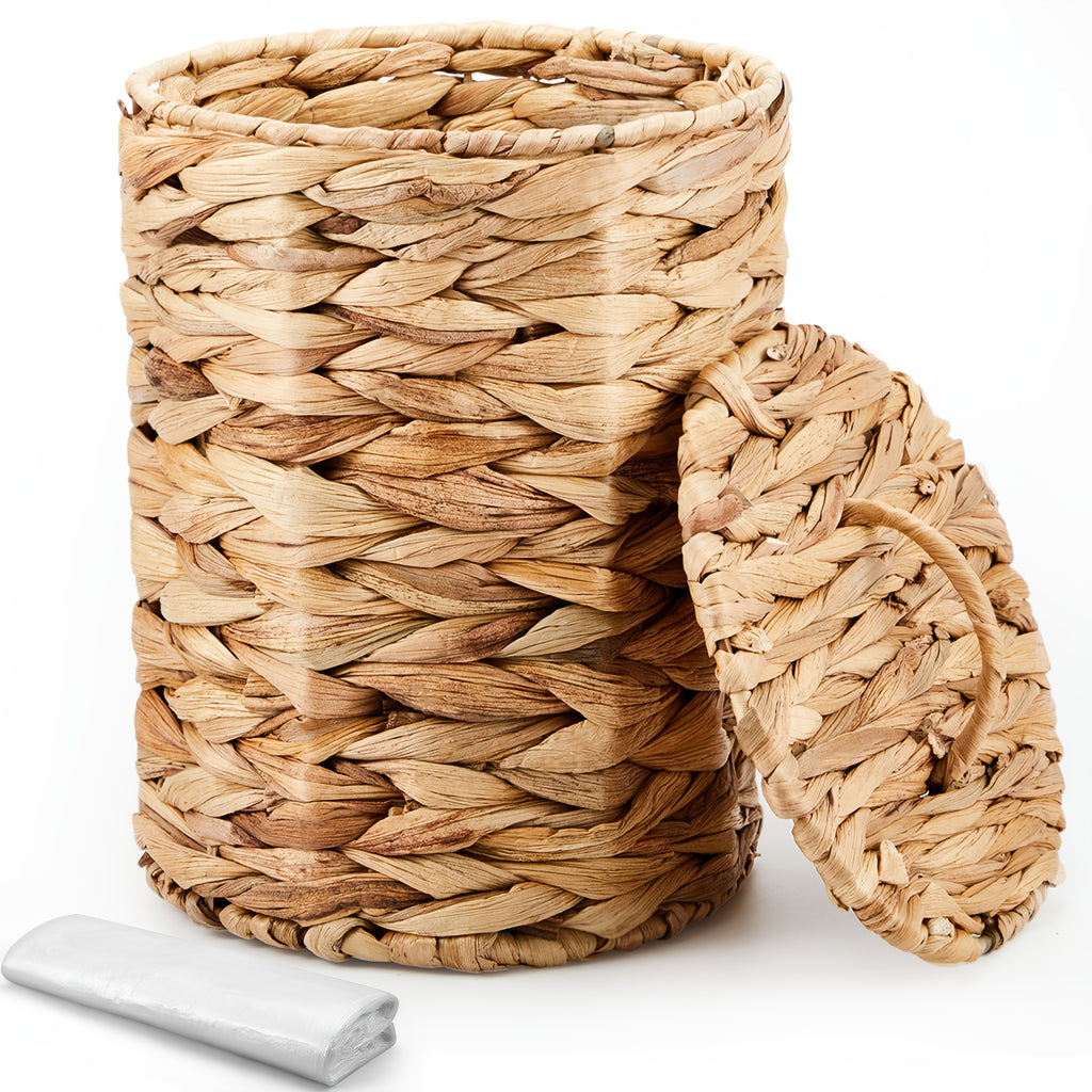 1.3 Gallon Recycled Wood Woven Wicker Trash Can with Quiet-Close Lid & Handle, Boho-Style Bathroom Waste Basket Includes 100 Plastic Bags for Bedroom, Office, Laundry - High-Quality Storage Organizer, Bathroom Trash Can