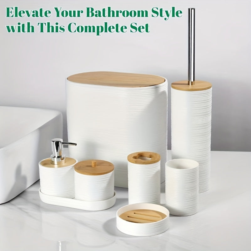 Personal Care Product Dispensers-Horizontal Ripple Bathroom Wash Six Piece Bathroom Bath Combo Set, Fashionable And Minimalist Bathroom Cleaning And Storage Set, Includes 6 Items Such As A Trash Can, Toilet Brush, And Soap Dispenser