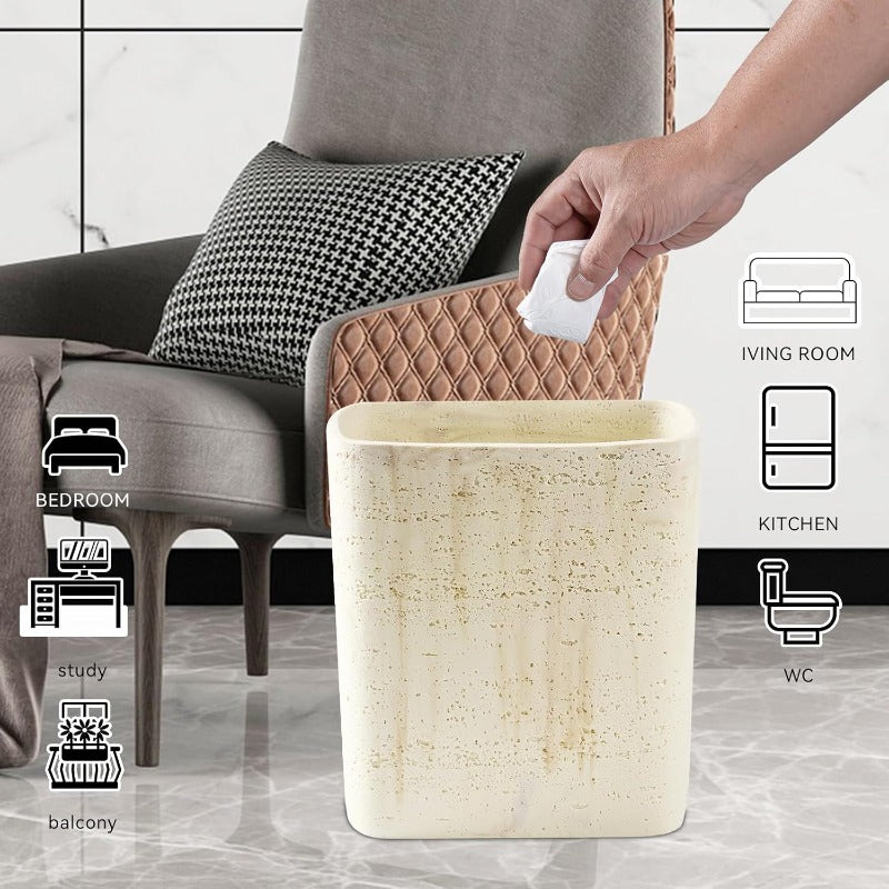 Natural Travertine Look Small Trash Can - Hand-Poured Resin Pull-Out Lid Compact Bathroom & Kitchen Garbage Bin, Modern Wastebasket Suitable for Home Office, Bedside, Under-Sink - Decorative Disposal Unit