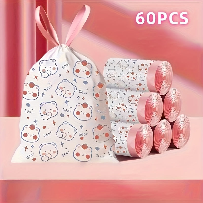 4 Rolls, 60 Household Drawstring Garbage Bags, Disposable Garbage Bags, Self Sealing Garbage Bags, Multi-purpose Garbage Bags - Cute Cartoon Patterns, Suitable for Homes, Offices, Cleaning Supplies, Household Items