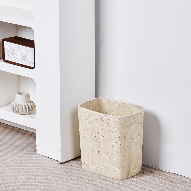Natural Travertine Look Small Trash Can - Hand-Poured Resin Pull-Out Lid Compact Bathroom & Kitchen Garbage Bin, Modern Wastebasket Suitable for Home Office, Bedside, Under-Sink - Decorative Disposal Unit