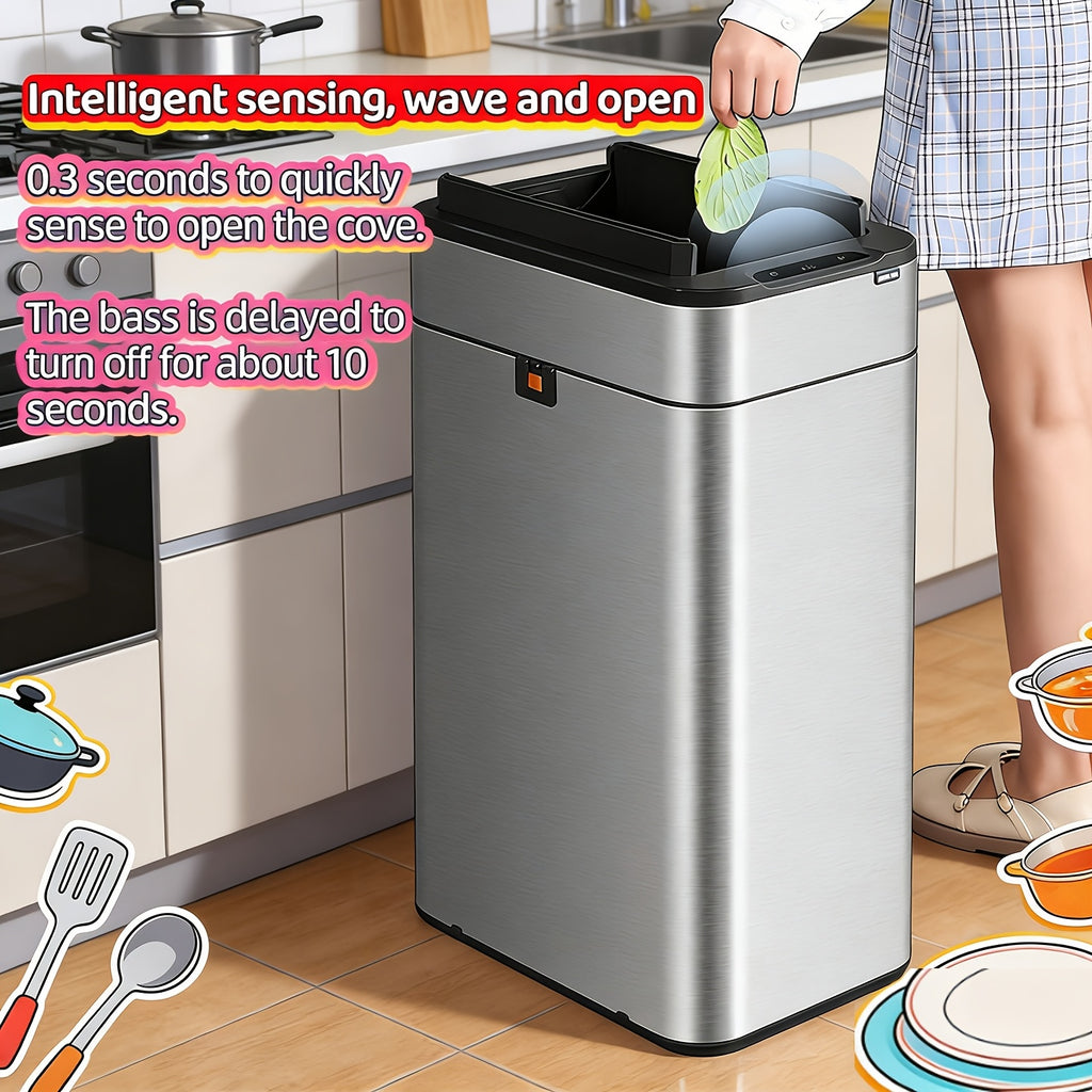 Stainless Steel Intelligent Induction Garbage Can - 9L\u002F30L\u002F40L Household Kitchen Covered Bidirectional Open Lid