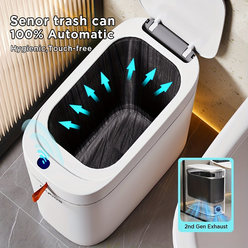 Automatic Bathroom Trash Can with Lid, Motion Sensor Trash Can, 3.5 Gal Smart Touchless Garbage Can, Type-C Rechargeable, Intelligent Exhaust Fans Auto Expand Bag, with 30 Or 60 Bags, Slim Small Waste Basket for Bedroom, Bathroom, Kitchen, Office, RV