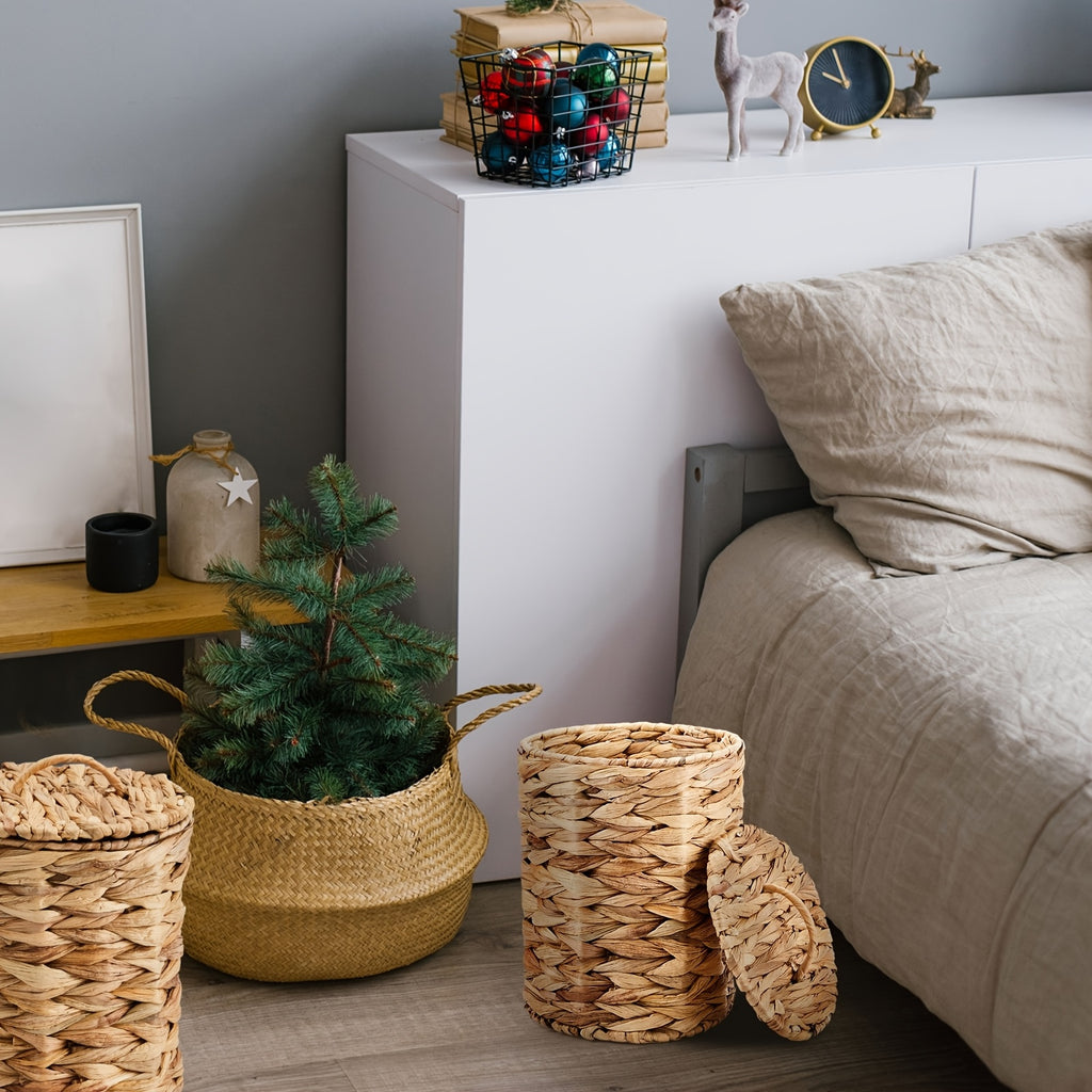 1.3 Gallon Recycled Wood Woven Wicker Trash Can with Quiet-Close Lid & Handle, Boho-Style Bathroom Waste Basket Includes 100 Plastic Bags for Bedroom, Office, Laundry - High-Quality Storage Organizer, Bathroom Trash Can