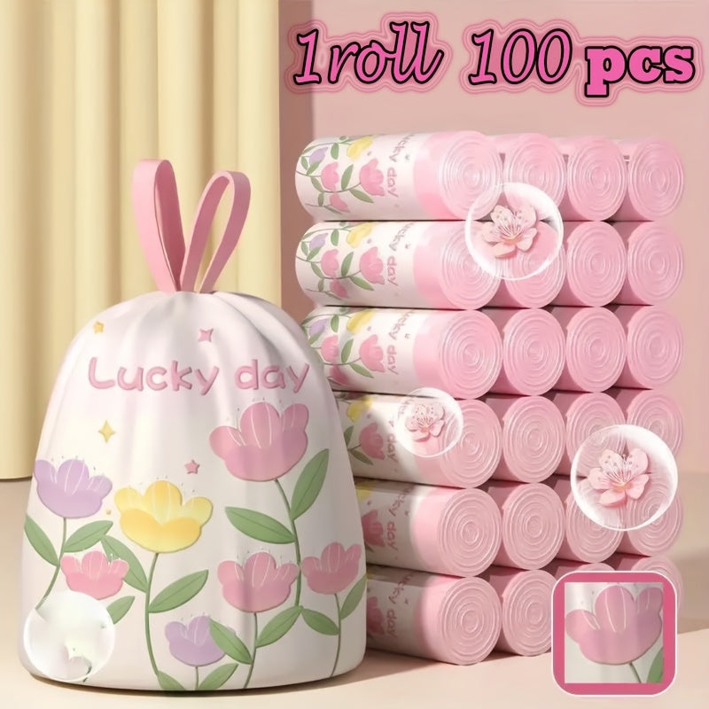 100 Packs of Lavender-Scented Thickened Large-Size Drawstring Trash Bags - High-Density Polyethylene (HDPE), Multi-Purpose Disposable Storage Bags, Suitable for Kitchen, Bathroom, Bedroom, Living Room, Toilet - Pink-Yellow Floral Pattern with \