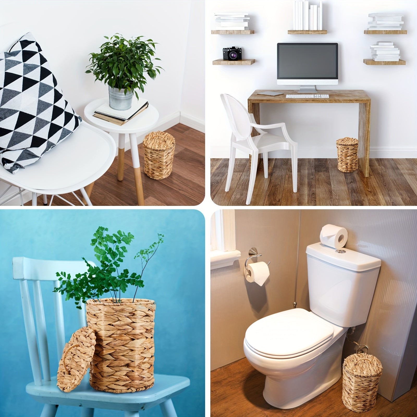 1.3 Gallon Recycled Wood Woven Wicker Trash Can with Quiet-Close Lid & Handle, Boho-Style Bathroom Waste Basket Includes 100 Plastic Bags for Bedroom, Office, Laundry - High-Quality Storage Organizer, Bathroom Trash Can