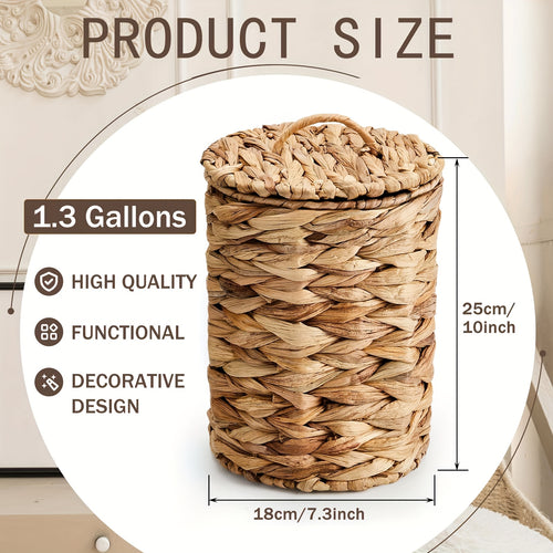 1.3 Gallon Recycled Wood Woven Wicker Trash Can with Quiet-Close Lid & Handle, Boho-Style Bathroom Waste Basket Includes 100 Plastic Bags for Bedroom, Office, Laundry - High-Quality Storage Organizer, Bathroom Trash Can