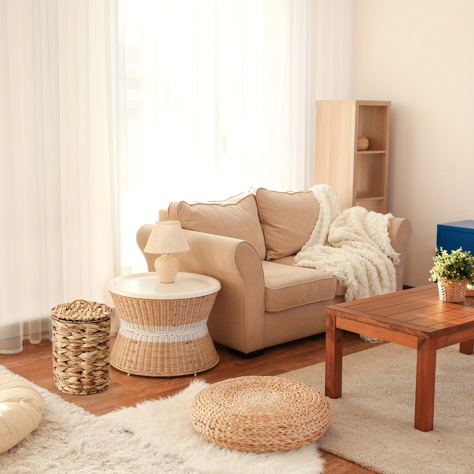 1.3 Gallon Recycled Wood Woven Wicker Trash Can with Quiet-Close Lid & Handle, Boho-Style Bathroom Waste Basket Includes 100 Plastic Bags for Bedroom, Office, Laundry - High-Quality Storage Organizer, Bathroom Trash Can