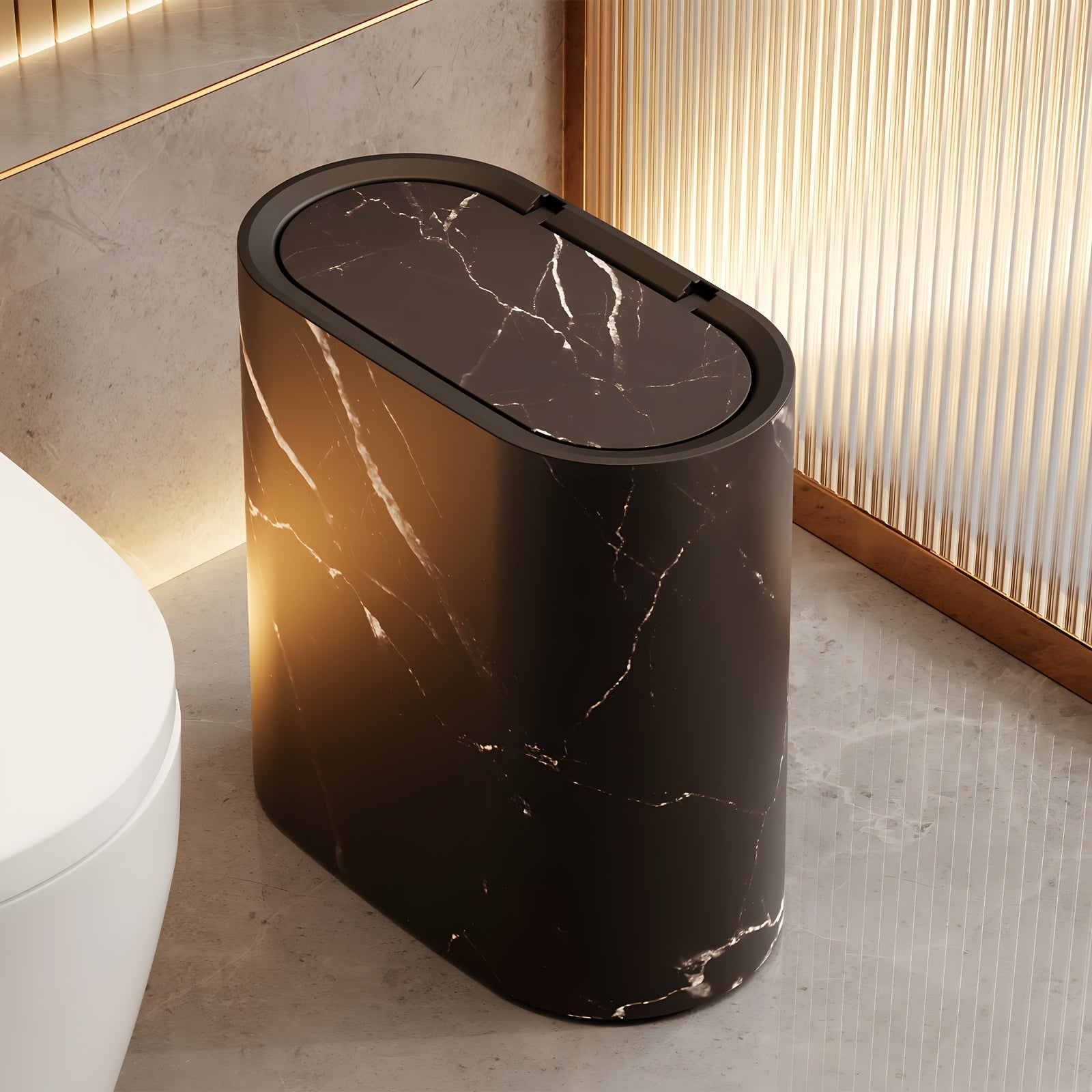 2\u002F1pc Rustproof Trash Can 2\u002F1pc Space-Saving Rustproof Trash Can with Marble & Wood Grain Pattern | Plastic Wastebasket with Built-in Handles, Easy to Clean | Ideal for Bathroom, Laundry, Home Office