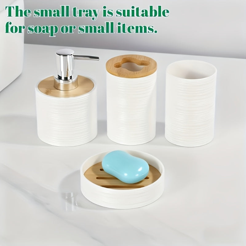 Personal Care Product Dispensers-Horizontal Ripple Bathroom Wash Six Piece Bathroom Bath Combo Set, Fashionable And Minimalist Bathroom Cleaning And Storage Set, Includes 6 Items Such As A Trash Can, Toilet Brush, And Soap Dispenser