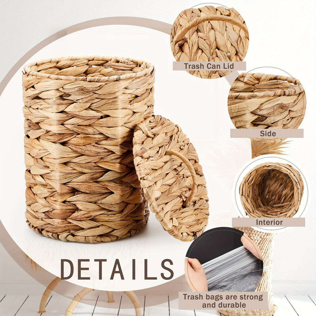 1.3 Gallon Recycled Wood Woven Wicker Trash Can with Quiet-Close Lid & Handle, Boho-Style Bathroom Waste Basket Includes 100 Plastic Bags for Bedroom, Office, Laundry - High-Quality Storage Organizer, Bathroom Trash Can